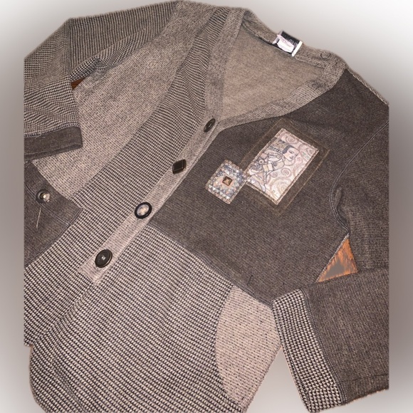 Vintage Sweaters - Vintage Eclectic Patchwork Grandpa Asymmetrical Sweater Nancy Bolen Cardigan M